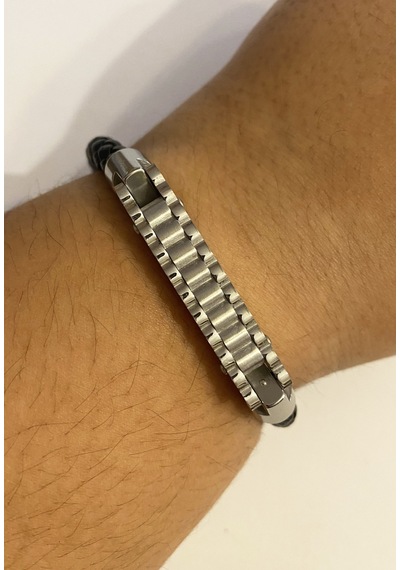 Erkek Dalgalı Silver Renk Çelik Plaka Detay Deri Bileklik Silver