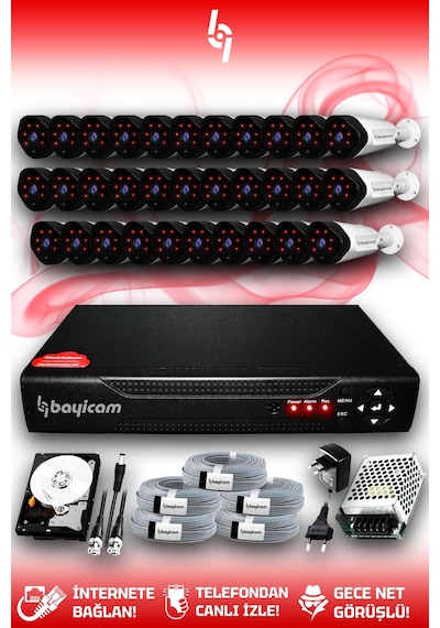 Bayicam 32 Kameralı Uzay 32 Dış Kamera Set 2 TB HDD Full HD Gece Görüşlü Güvenlik Kamerası Sistemi