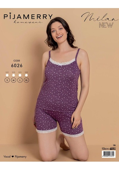 Pijamerry Kadın İp Askılı Milan Kumaş Likralı Şortlu Pijama Takımı 6026 - 1 Adet Mor