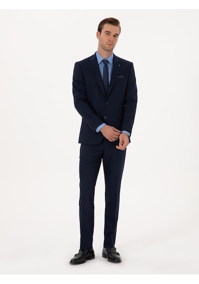 Cacharel Lacivert Slim Fit Yün Karışımlı Mikro Desenli Takım Elbise