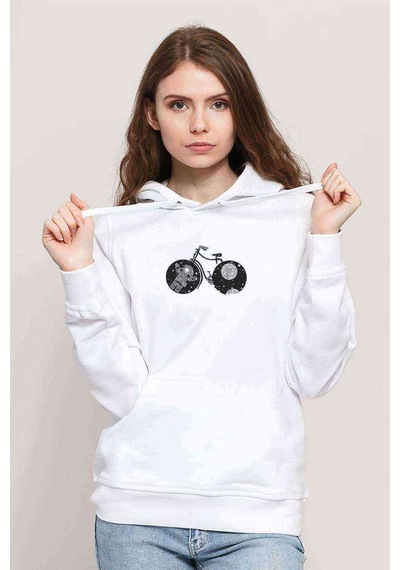 Uzay Bisiklet Baskılı Beyaz Kadın Kapşonlu Sweatshirt