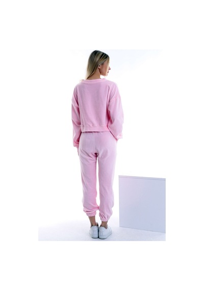 Dreamlike Kadife Yuvarlak Yaka Uzun Kollu Sweatshirt Cepli Bel Lastikli Pantolon Takım Pembe