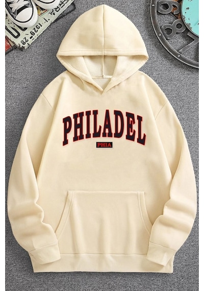 Uyguntarz Unisex Philadelphia Baskılı Sweatshirt Bej