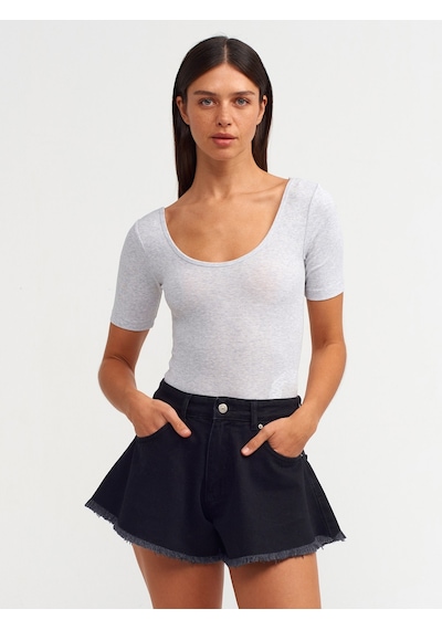 Dilvin Kısa Kollu Bodysuit Gri Melanj