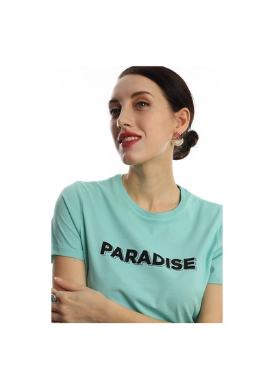 Kadın Paradise Baskılı Bisiklet Yaka Tişört Turkuaz Kadın Paradise Baskılı Bisiklet Yaka Tişört Turkuaz