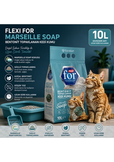 Marsilya Sabunu Kokulu Bentonit Topaklanan Premium Kedi Kumu 10 L - Tozsuz - İnce Taneli