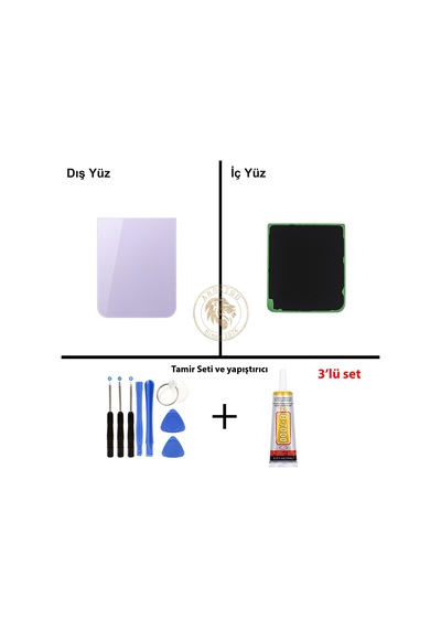 Samsung Galaxy Z Flip 5 Lavanta Renk Arka Kapak + Tamir Seti + B7000 Yapıştırıcı Arka Cam Batarya Kapağı Pil Kapağı Lazer Kesim Back Cover Galaxy Z Flip 5 Uyumlu