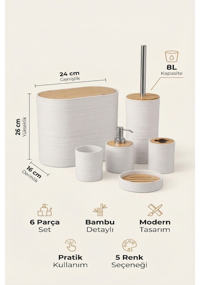 Makri Home 6 Parça Beyaz Banyo Seti, Bambu Detaylı, 8l Çöp Kovası 24x26x16 Cm