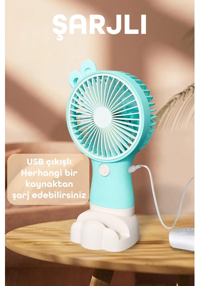 Şarjlı Telefon Standlı Mini El Fanı Seyahat Masaüstü Vantilatör Taşınabilir Mini Fan Turkuaz 0808