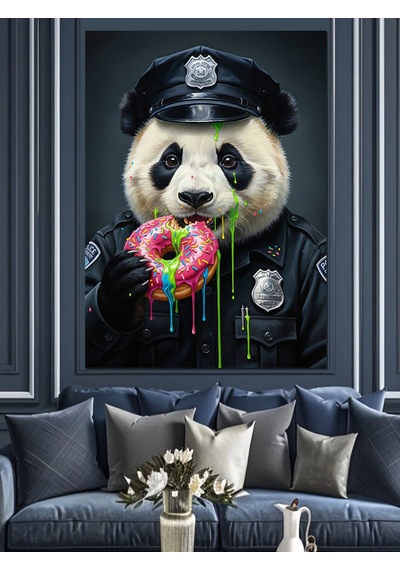 Polis Panda Ve Donut Keyfi Dekoratif Kanvas - Mdf Ahşap Tablo