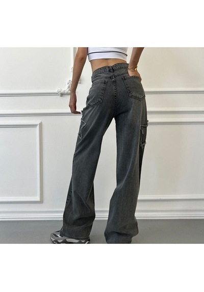 2424 Kadın Yıldız Detaylı Baggy Jeans Kot Denim Pantolon Gri