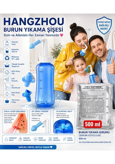 Hangzhou Burun Yıkama Şişesi 300ml Neti Pot Burun Kanalları Durulama Seti + Osel Burun Yıkama Sıvısı 500ml