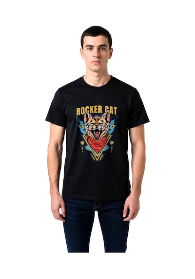 Paybuy Erkek Rocker Kedi Grafik Baskılı Kısa Kollu Tişört %100 Pamuk Müz Siyah