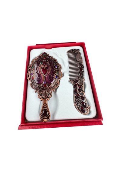 Tavus Kuşu Desenli Vintage Ayna Tarak Seti Özel Tasarım Ve Özel Kutulu 13,5 Cm & 13 Cm Bordo