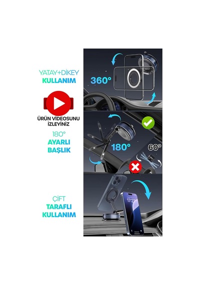 2li Magnetpro 360 Ayarlanabilir Araç İçi Masa Üstü Vakumlu Mıknatıslı Magsafe Telefon Tutucu Siyah 2 Mixed