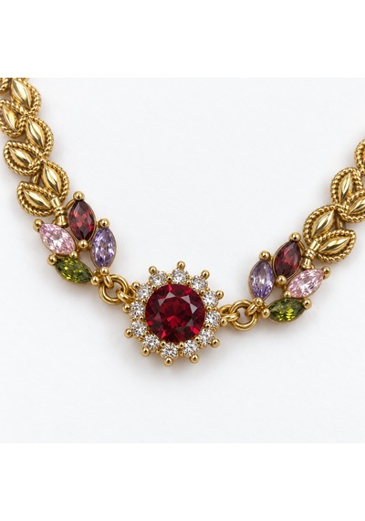 Dora S Shine Saray Bahçesi Kırmızı Merkez Taşlı, Renkli Markiz Taşlı Ve Yaprak Motifli 14k Altın Kaplama Kadın Bileklik - 19,5 Cm Dora S Shine Saray Bahçesi Kırmızı Merkez Taşlı, Renkli Markiz Taşlı Ve Yaprak Motifli 14k Altın Kaplama Kadın Bileklik - 19,5 Cm