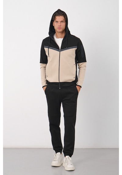 Dechers Erkek Siyah Tech Fleece Double Face Kapüşonlu Fermuarlı Eşofman Takımı - E228 Krem