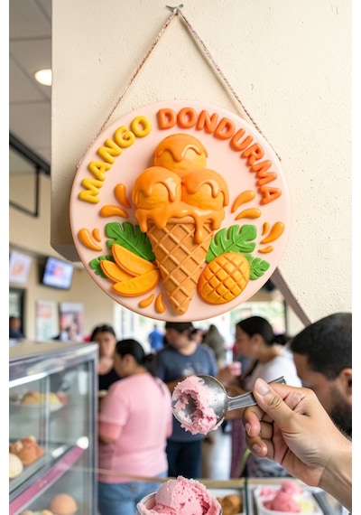 Mango Dondurma Görselli Ahşap İpli Kapı Duvar Süsü Tropikal Cafe Reklam Panosu