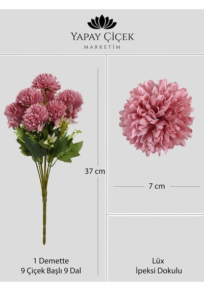Bordo Yapay Krizantem Çiçeği Demeti 9 Dallı Lüx İpeksi Dokulu 37 Cm