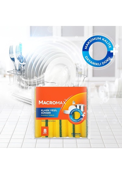 Macro Max Tırnak Koruyuculu Bulaşık Süngeri 8'li Paket Ergonomik Yeşil Klasik Sünger