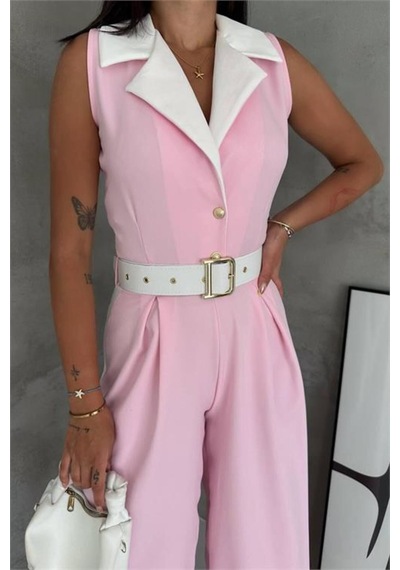 Neşeli Butik Kadın Pembe Çift Renkli Kemerli Şerit Detaylı Tam Boy Kolsuz Tulum Nbk087