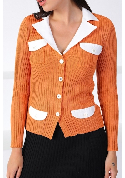 Ferraro Orange Gömlek Yaka Kadın Triko Hırka Turuncu