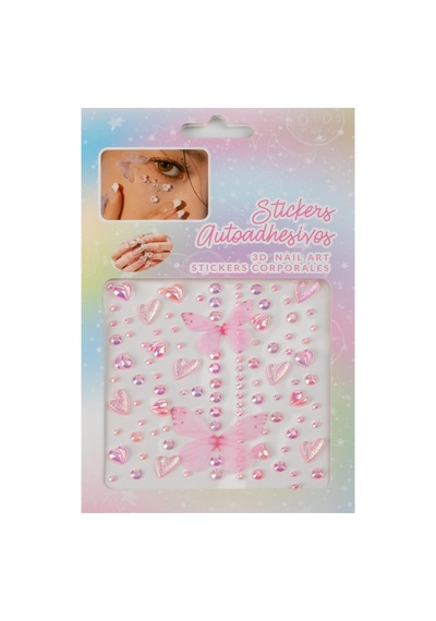 Pembe Kalp Ve Tül Kelebekli 3d Kristal Yüz & Tırnak Sticker Seti