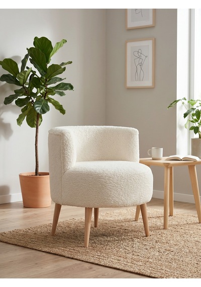 Sydney Modern Tekli Koltuk Krem Welsoft Yumuşak Dokulu Tüylü Kumaş Ahşap Ayak