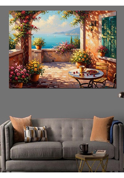 Deniz Manzaralı Çiçekli Balkon Köşesi Dekoratif Kanvas - Mdf Ahşap Tablo