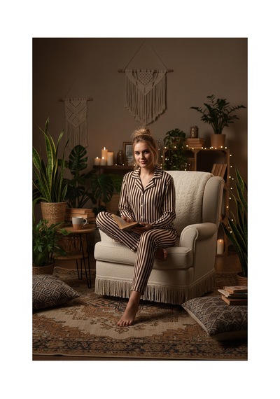 Rindahomewear Kadın Kaverengi Çizgili Desenli Milan Örme Lizbon Düğmeli Pijama Takımı Kahverengi Bej Çizgili