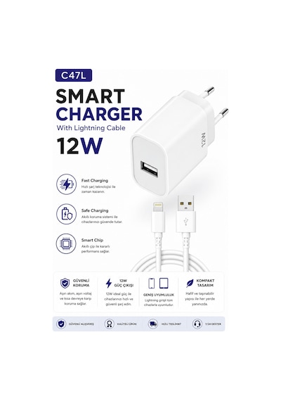 C47l Smart Charger 12w Usb To Lightning Kablolu Hızlı Şarj Aleti Fast Charging Smart Chip Safe Charging Usb Adaptör Ve İos Uyumlu  Şarj Kablosu