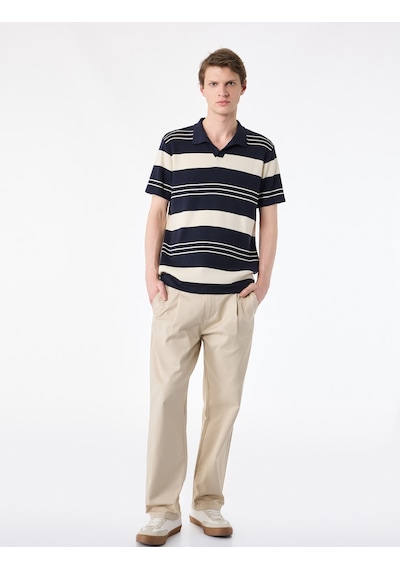 Koton Regular Fit Polo Yaka Çizgili Kısa Kollu Triko Tişört Ekru Çizgili 6sam70045ht