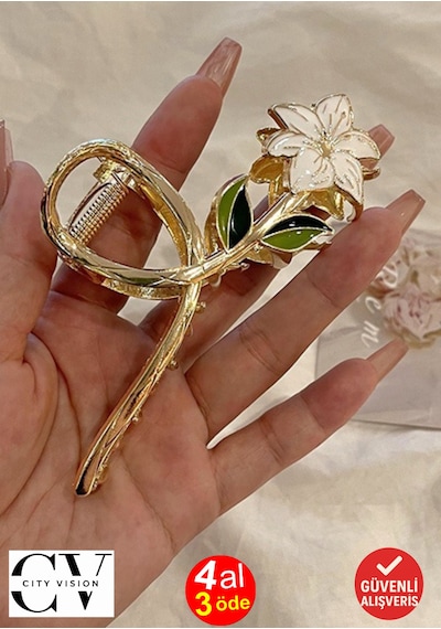 Beyaz Çiçek Model Metal Mandal Toka Büyük Boy Beyaz