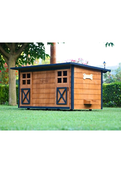 MANDU Ahşap İkiz Köpek Kulübesi (2 yuva tek kulübe) + İsimlik ve