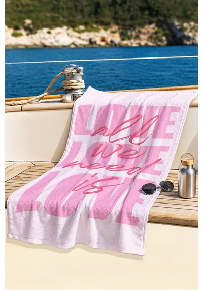 Love Yazılı Pembe Plaj Havlusu - Modern Tipografik Pastel Renk Hızlı Kuruyan Mikrofiber Havlu Sedef Lavanta