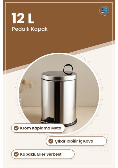 Pedallı Çöp Kovası 12 L Krom Metal 24.5 X 35.5 Cm Kapaklı Mutfak