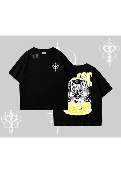 Tarzsokak Meowsic Purrfect Kedi Arka Baskılı Oversize Tshirt Siyah