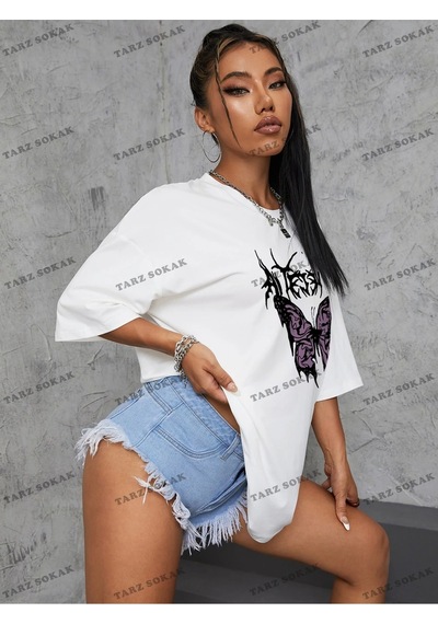 Startmore Unisex Bay Kelebek Ve Harf Grafikli Oversize Tişört Kod-1358 Beyaz