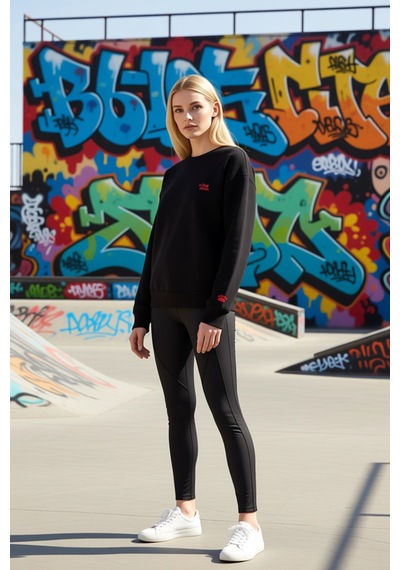 Benerly Kadın Bisiklet Yaka Düşük Kol Nakışlı Örme Sweatshirt Fonksiyonel siyah