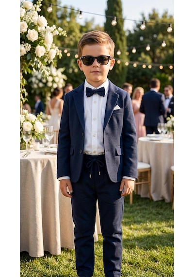 Baby Kids Colors Erkek Çocuk Flamlı Keten Salaş Ceketli Takım Elbise / Gömlek Pantolon Ceket Papyon Keten Takım Lacivert
