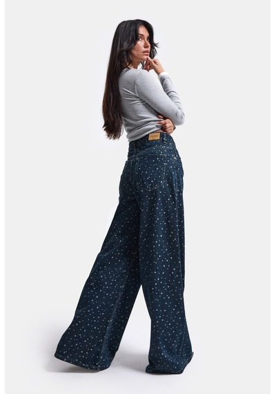 Kadın Koyu Mavi Puantiye P-1w6-11 Palazzo Fit Özel Tsarım Denim Jean
