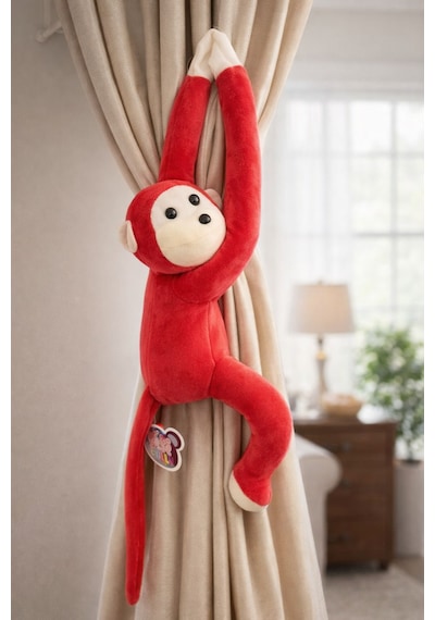 Maymun Yapışkanlı Vikvik Sesli 60cm - Maymun Peluş Oyuncak Açık Kırmızı