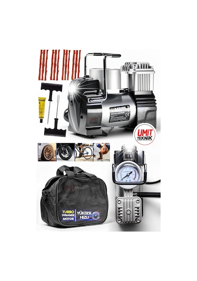 Metal Çantalı Aydınlatmalı Profesyonel 12v Çakmaklı 100 Psı Mini Hava Kompresörü Araç Kompresörü Set