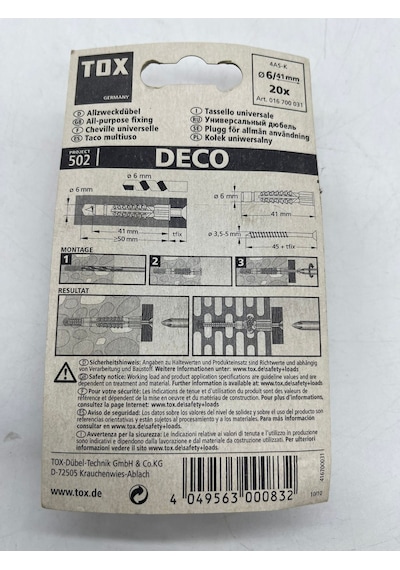 Tox Deco Plastik Dübel 6X41 Mm 20 Adet