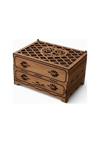 Çekmeceli Ve Hayat Ağacı Desenli Ahşap Takı Kutusu Kahverengi