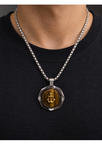 Gold Renk Çapa Figürlü Kaplan Gözü Görünümlü Çelik Kolye Şık Tasarım Altın - Gümüş