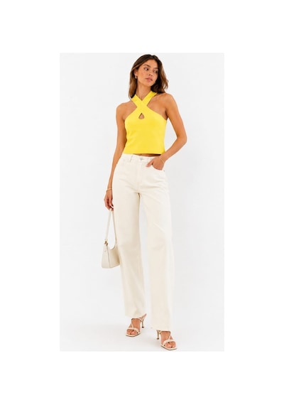 Onno Style Women Kolsuz Askılı Çapraz Yaka Triko Kadın Bluz Sarı