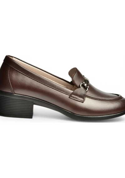 Fox Shoes Y555592003 Kahverengi Hakiki Deri Kalın Alçak Topuklu Kadın Ayakkabı