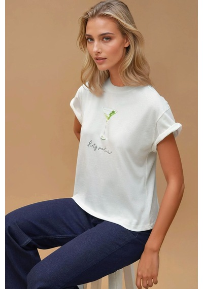 Hiccup Baskı Detaylı Regular Fit Bisiklet Yakalı %100 Pamuklu T-shirt Beyaz