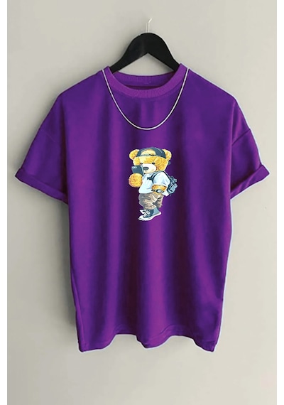 Medinenur Unisex Peluş Ayı Baskılı Bisiklet Yaka Tshirt Mor